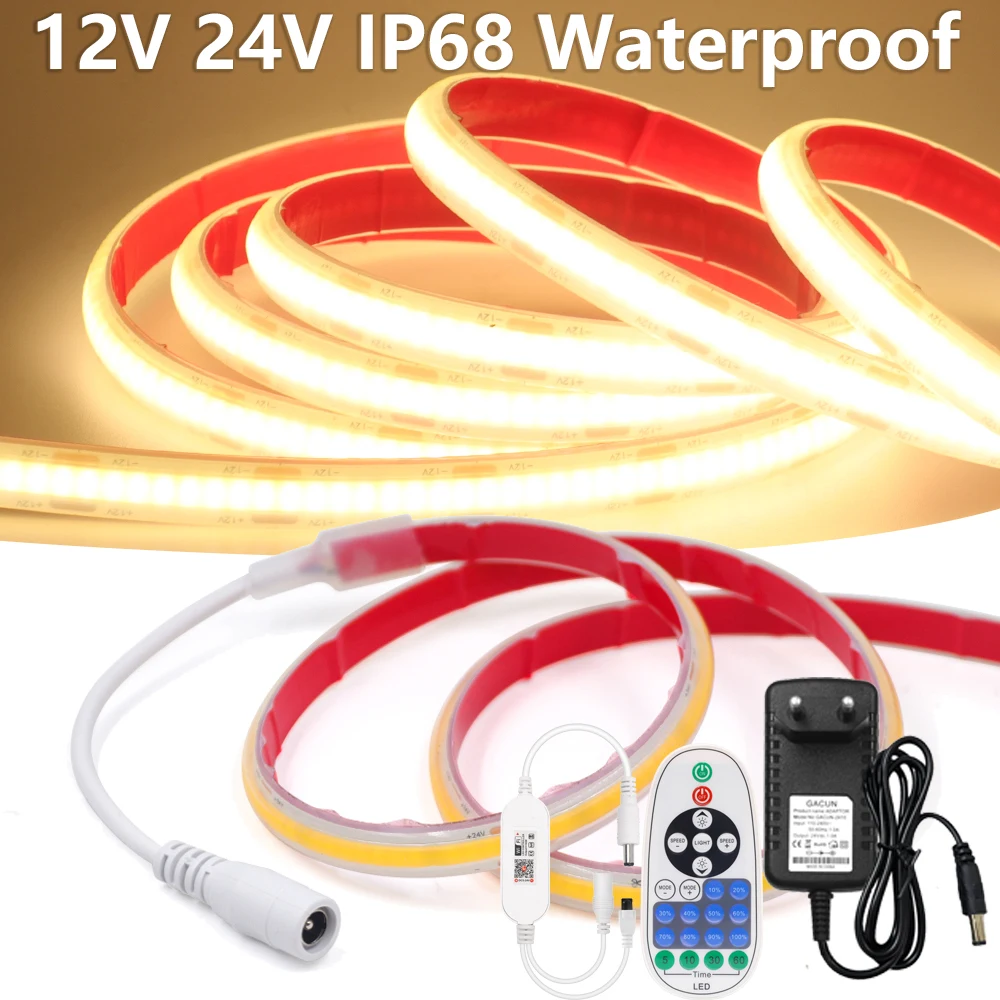 

12V 24V IP68 Waterproof COB LED Strip with Power Supply Remote Control 320LEDs/m High Density Flexible Tape Home Garden Decor