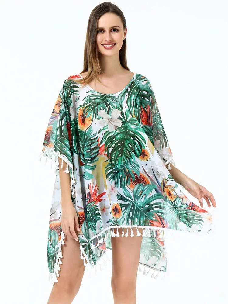 2025 nuevo Bikini Cover-Ups mujer playa cubrir Chic impreso borla de talla grande playa 2025 moda de verano mujer vacaciones ropa de playa