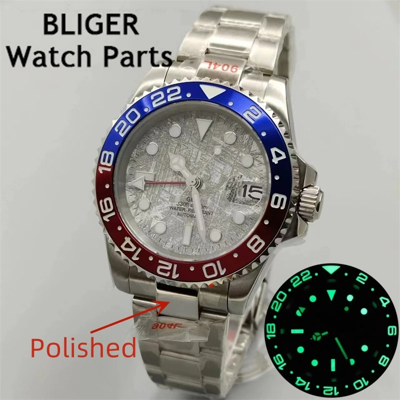 BLIGER 40mm NH34 Gray Meteorite Watches GMT For Men Blue Red Bezel With Green Luminous Sappire Glass Oyster/Jubilee Bracelet Dat