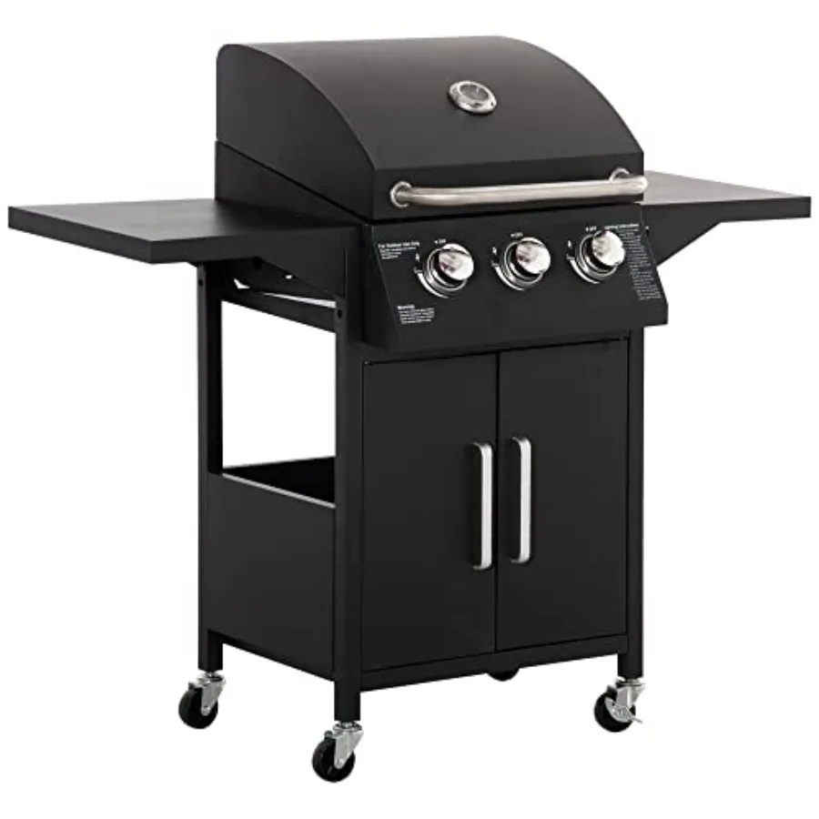 

Outdoor 3-burner propane grill for patio use, carbon steel construction, black color, 30000BTU high heat output with warming ra