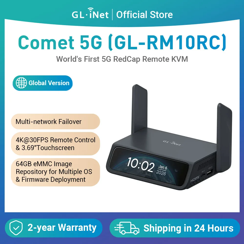 

GL.iNet Comet 5G (GL-RM10RC) Remote 5G KVM with Failover, 4K@30FPS HDMI Passthrough, Wi-Fi 6 & Ethernet, 3.69" Touchscreen, 64GB