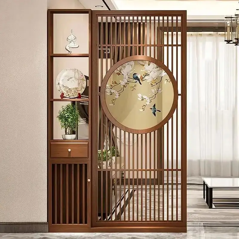 New Chinese-style screen partition living room porch cabinet opposite the door full solid wood hollowed-out rack