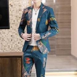 Casual Suit for Men (suit + Trousers) Two-piece Fashion All-in-one Fashion Print Classic Youth Handsome Korean Slim  Costume