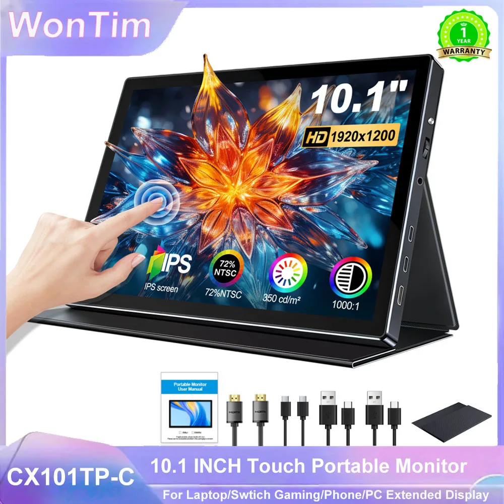10.1 inch touch display 1920X1200 Portable Monitor supports Type-c/HDMI with dual speakers, VESA, PS5/phone/laptop compatibility