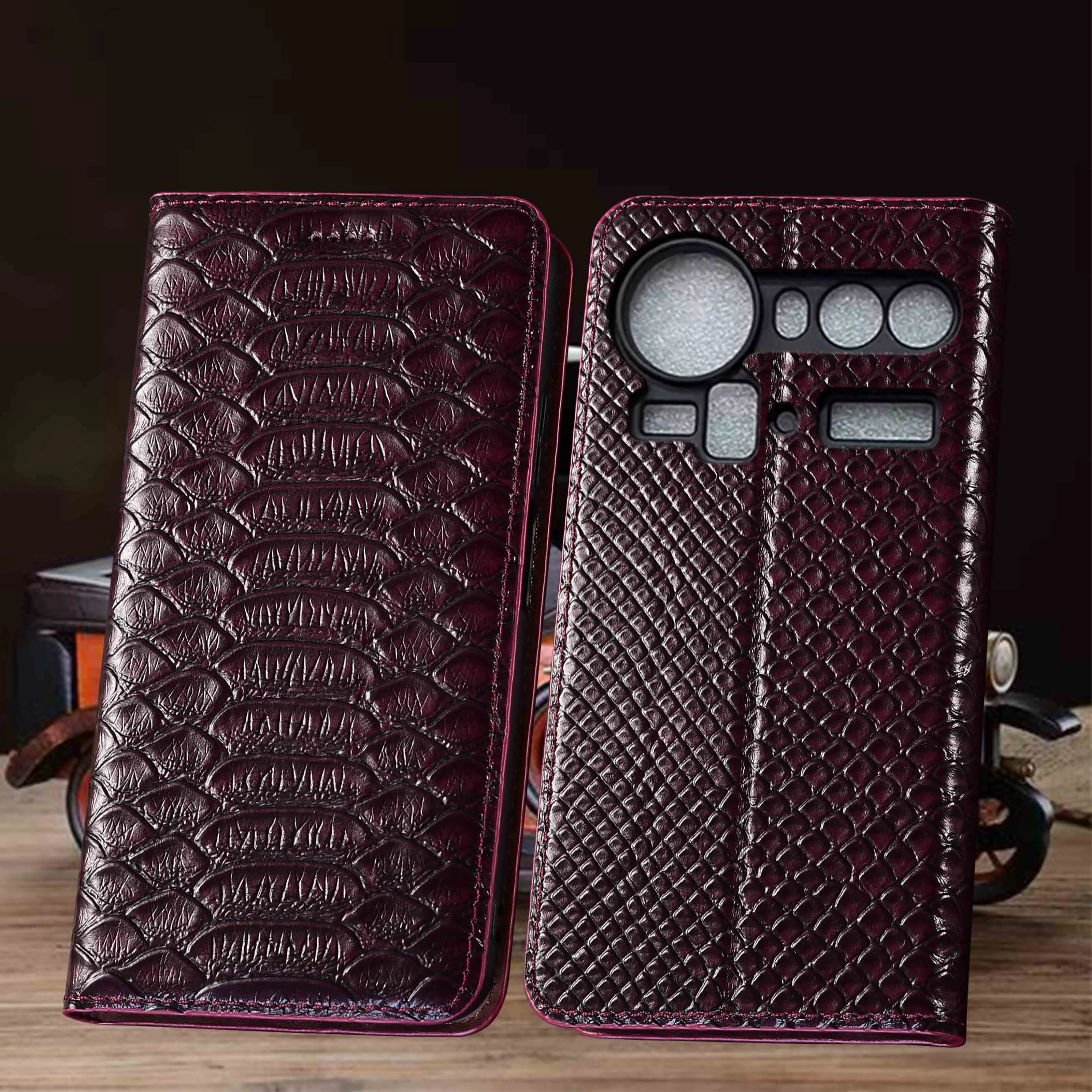

Genuine Leather Phone Case For ZTE Nubia Z60 Z60S Z70 Z70S Z80 Pro Ultra Python Pattern Flip Wallet Cover Case Cowhide Non-Slip