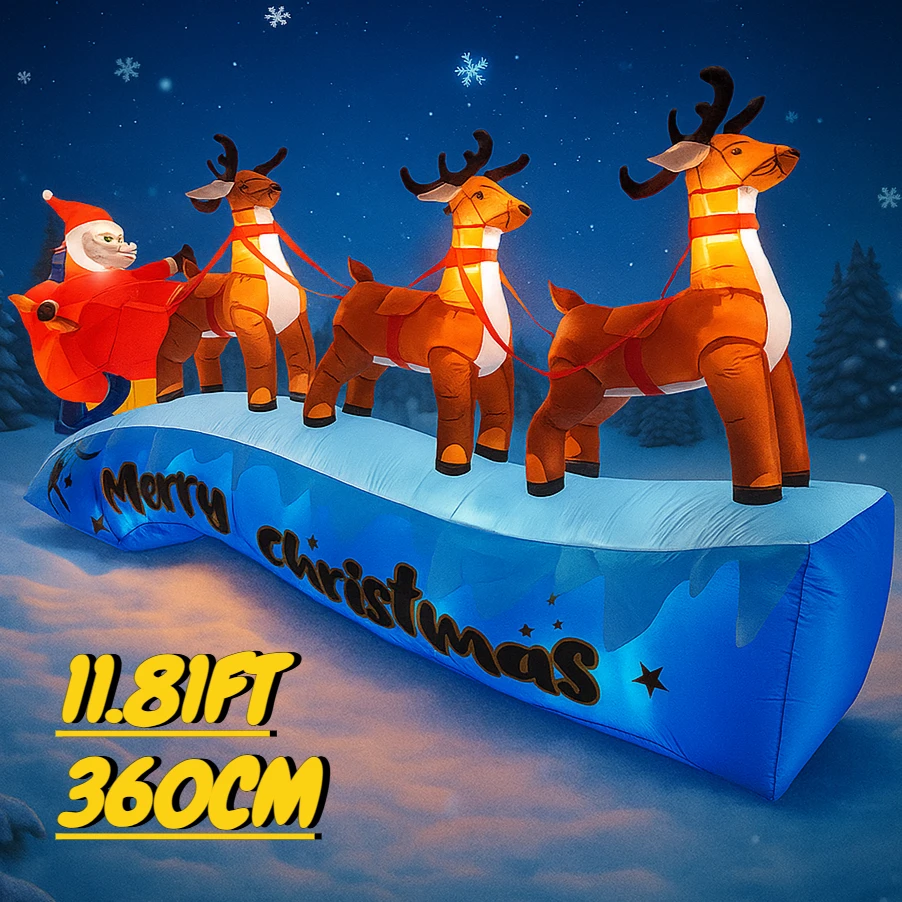 Jouet gonflable de 11.81 pieds, traîneau du père noël, renne, décoration de cour de noël, décoration de vacances éclairée par LED pour cour familiale
