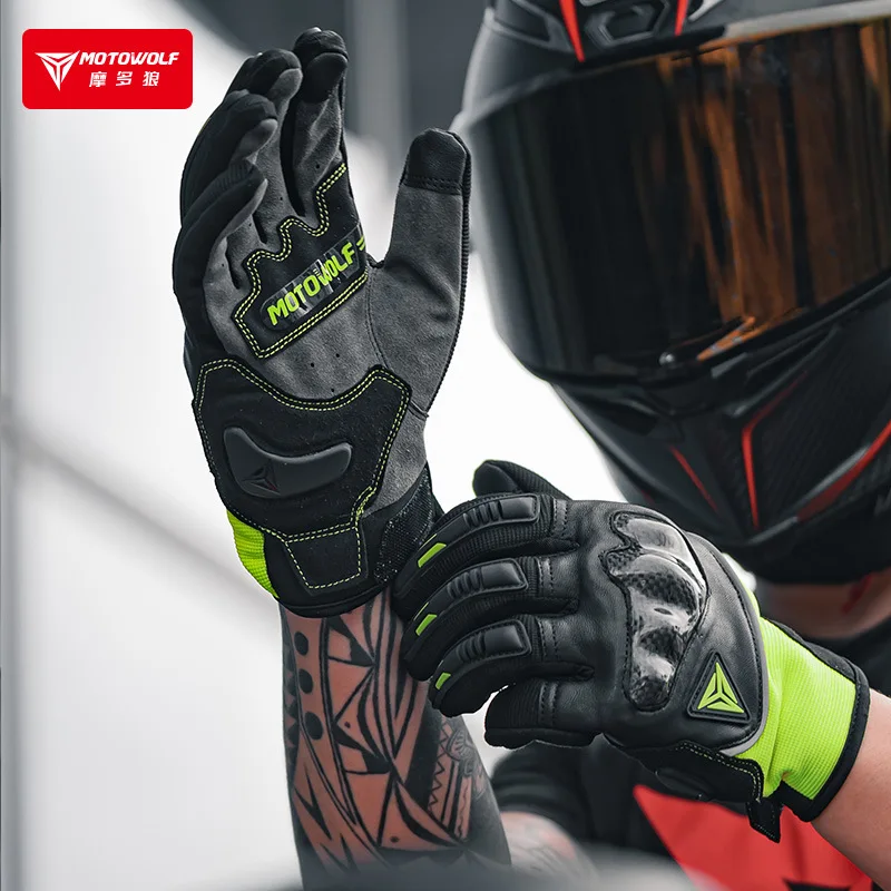 

MOTOWOLF Motorcycle Outdoor Riding Leather Breathable Gloves Off-road Racing Carbon Fiber Protective Gloves Touch Screen