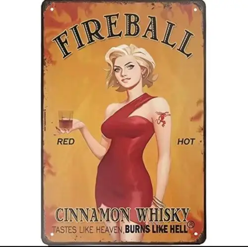 Letrero metálico de estaño FIREBALL CINNAMON WHISKY para Man Cave, con diseño de Diablo Rubio Sexy y la frase 'RED HOT'