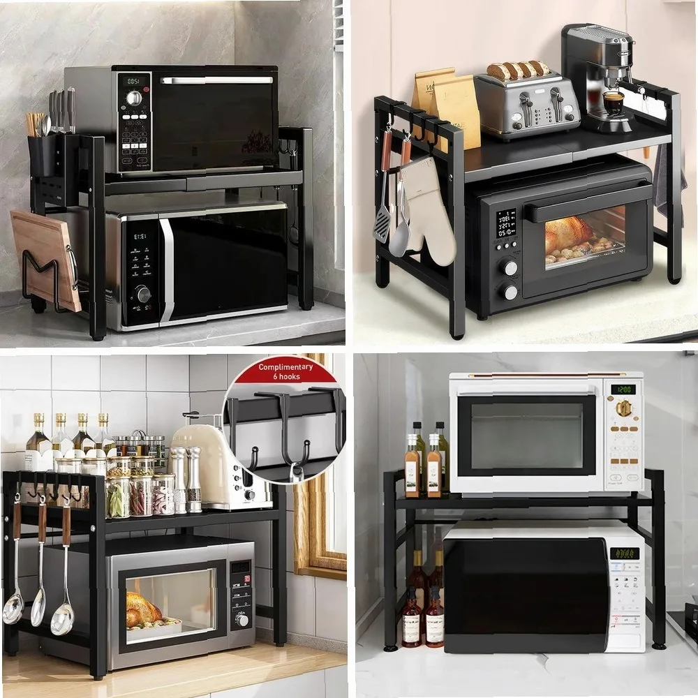 

Adjustable Kitchen Shelf with 6 Hooks, Microwave Stand, Cutting Board Holder & Storage Rack