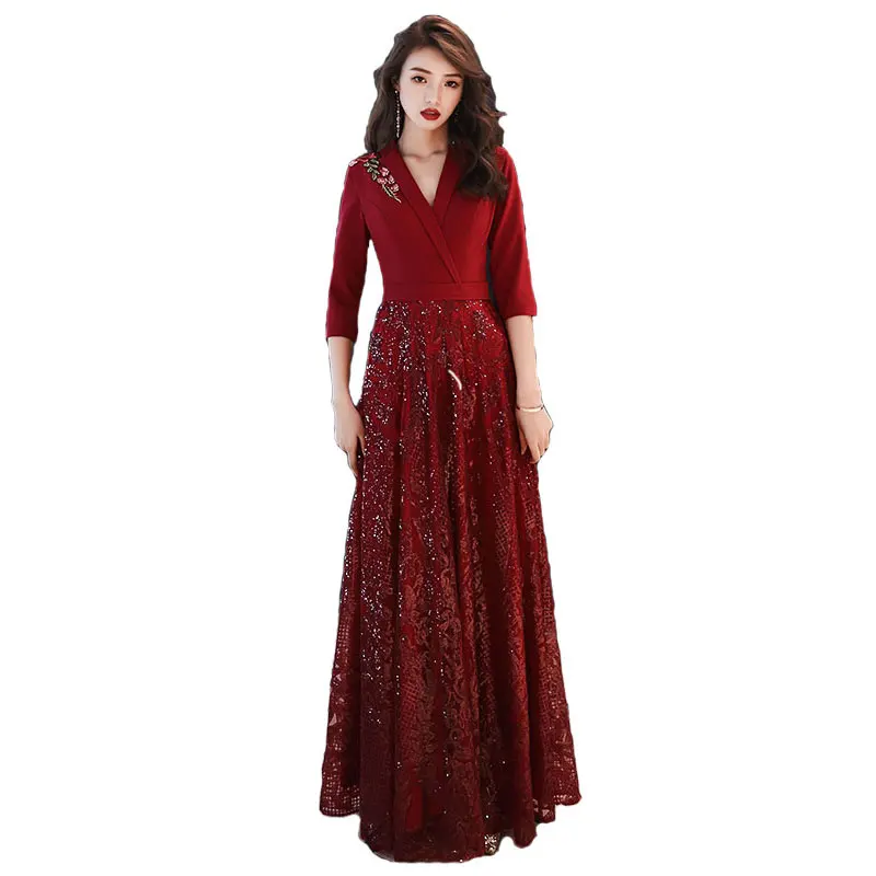 plus Size Red Evening Gown Wedding Reception Dr Ele Slimming A-Line Skirt Cotton Fabric V-Ne Long Sve Women