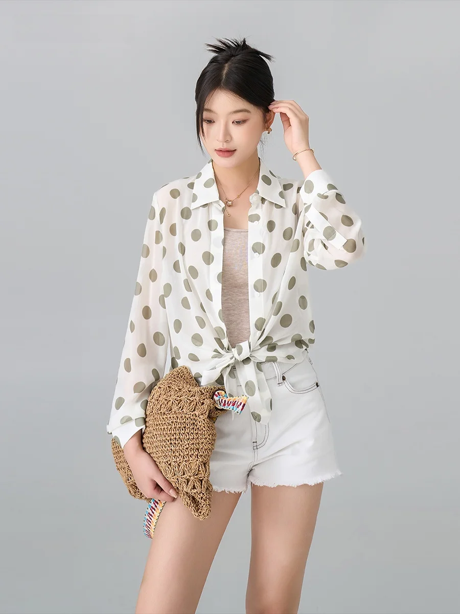 

Шелковая тонкая блузка MBNLF 0 Momme с точечным узором, длинная, женская, для защиты от солнца, стандартной длины, летняя, сезонная