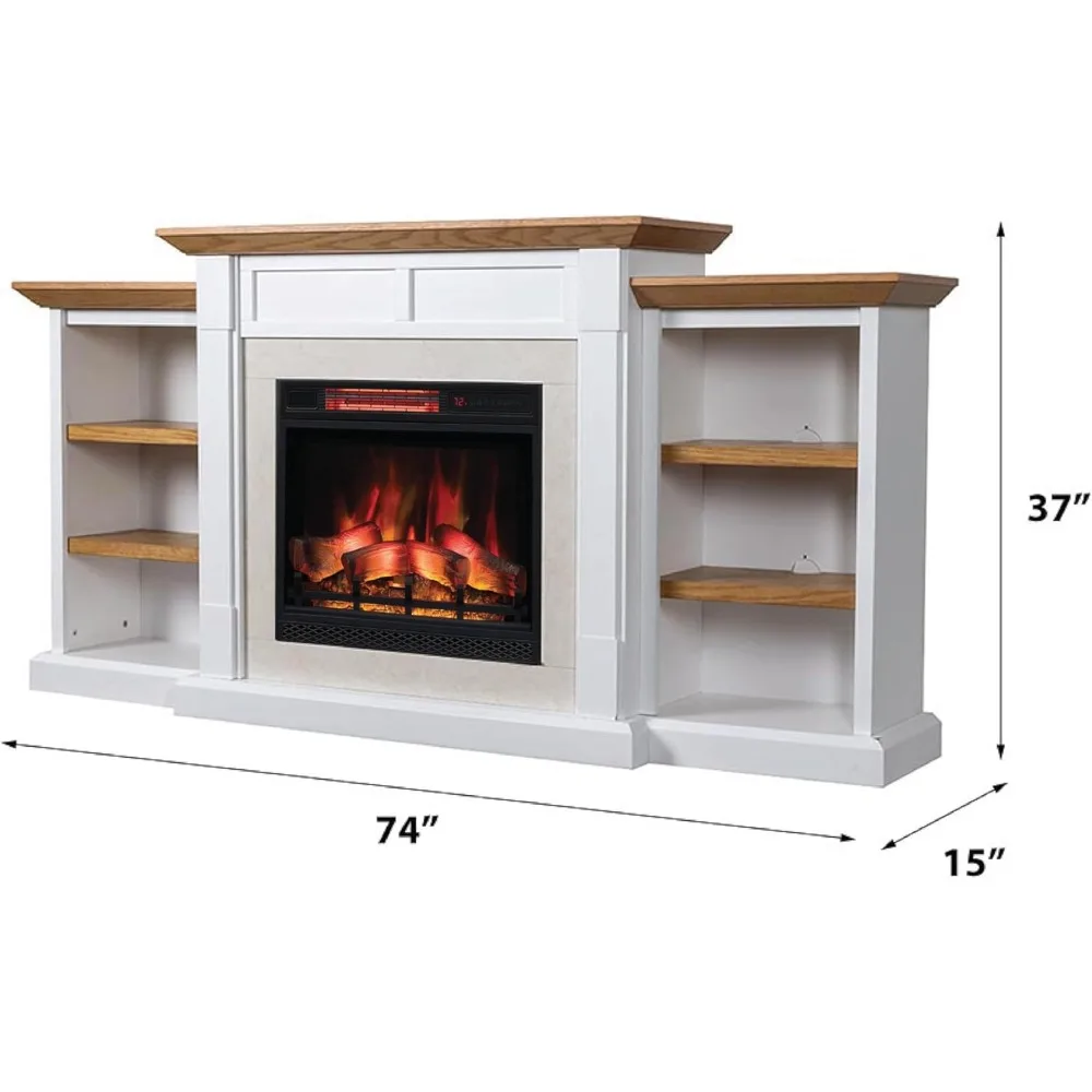 74 Inch Bookcase Mantel Package | 23 Inch Electric Fireplace Insert Heater with Remote | Warm Walnut Shelving