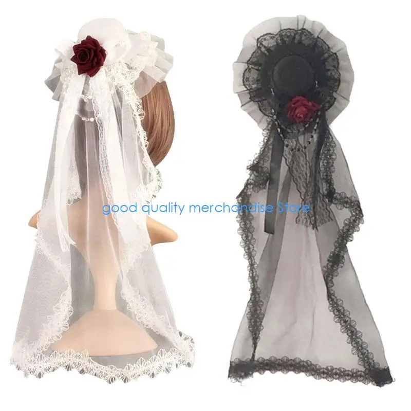 Y5JD koronkowy welon ślubny kapelusz gotyckie nakrycia głowy Halloween czarny welon mały kapelusz