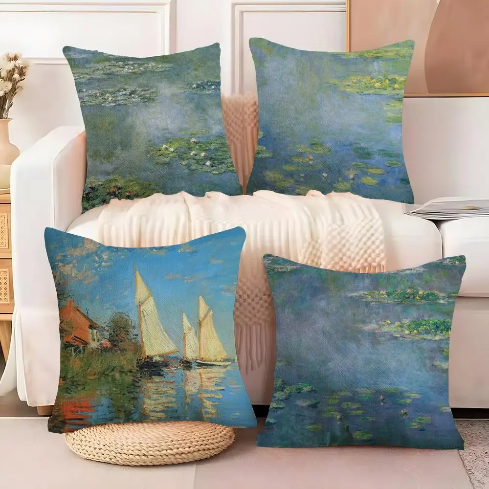 Art style C-claude M-monet Pillow Case Natural Linen Double-Sided Printing Sofa Home Decor Cushion Cover