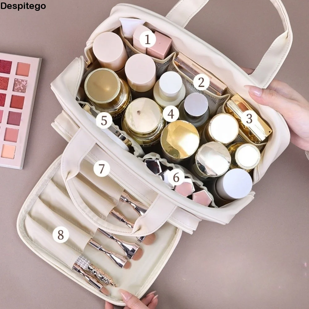Simple Storage Makeup Bag Handle Large Capacity Cosmetic Container PU Leather Multifunctional Travel Wash Pouch Travel