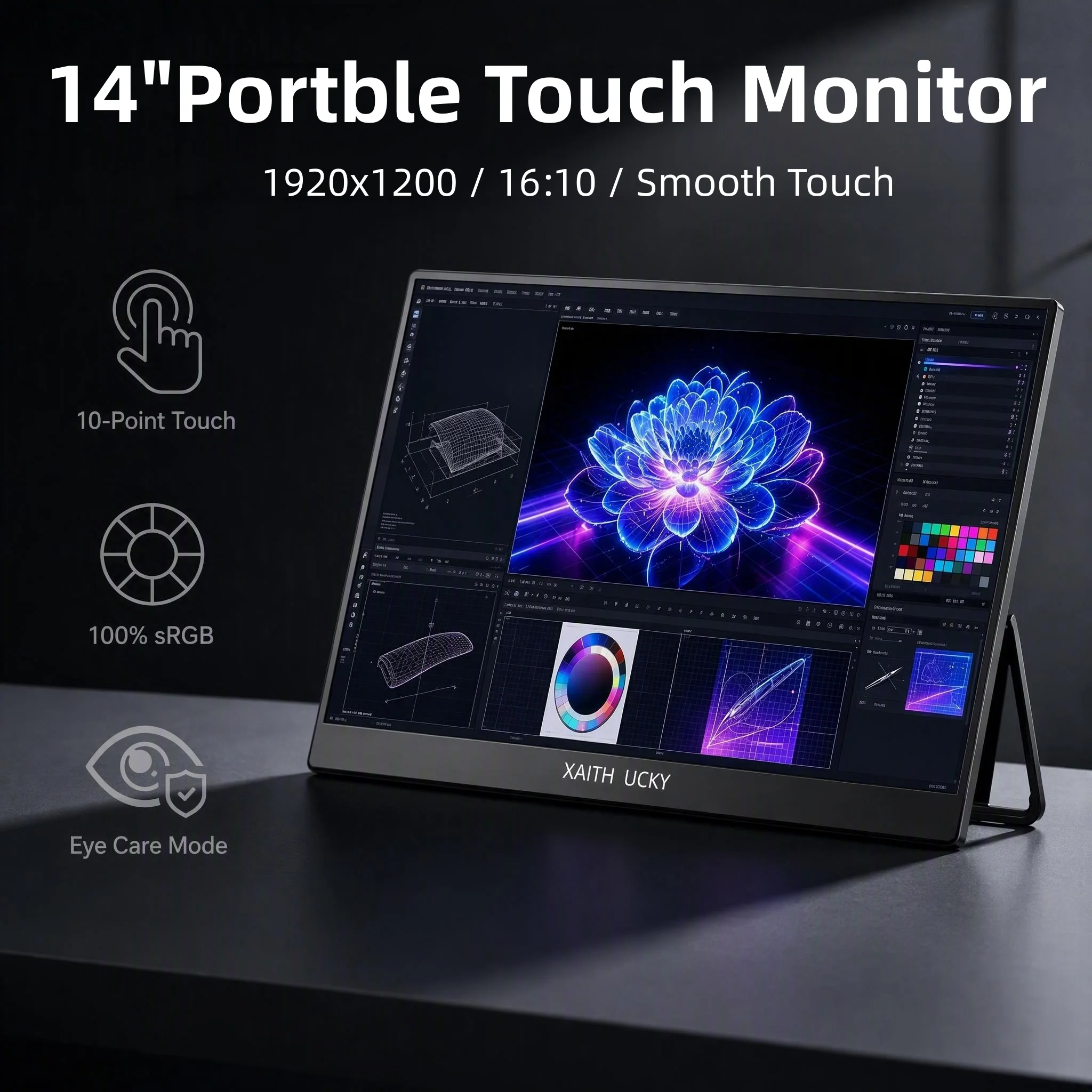 14‑Inch 10‑Point Touchscreen Portable Monitor, 1920×1200, 100% sRGB, 1200:1 Contrast Ratio, 16:10 Aspect Ratio, Eye‑Care Low Blu