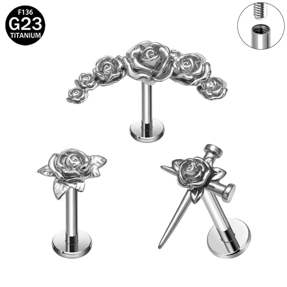 ASTMF136 Titanium Rose shape Ear Studs Cartilage Helix Lip Stud Earring Flat Back Body Piercing  Earrings Jewelry Hypoallergenic