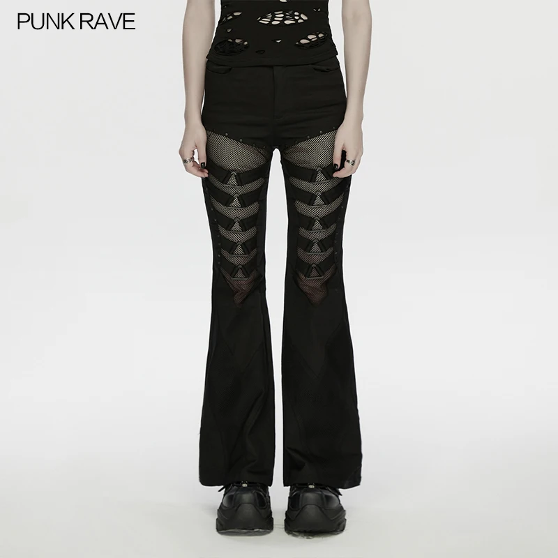 PUNK RAVE Women's Punk Mesh Flared Pants Twill Patchwork Sexy Symmetrical Leg Loops Rubber Triangle Unique Design Trousers