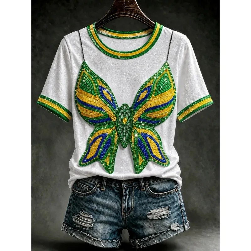 Women 3D Print Short Sleeve Tshirt, Brazil Color Beaded Butterfly Pattern Top, Perfect For Summer Sports & Daily Wea