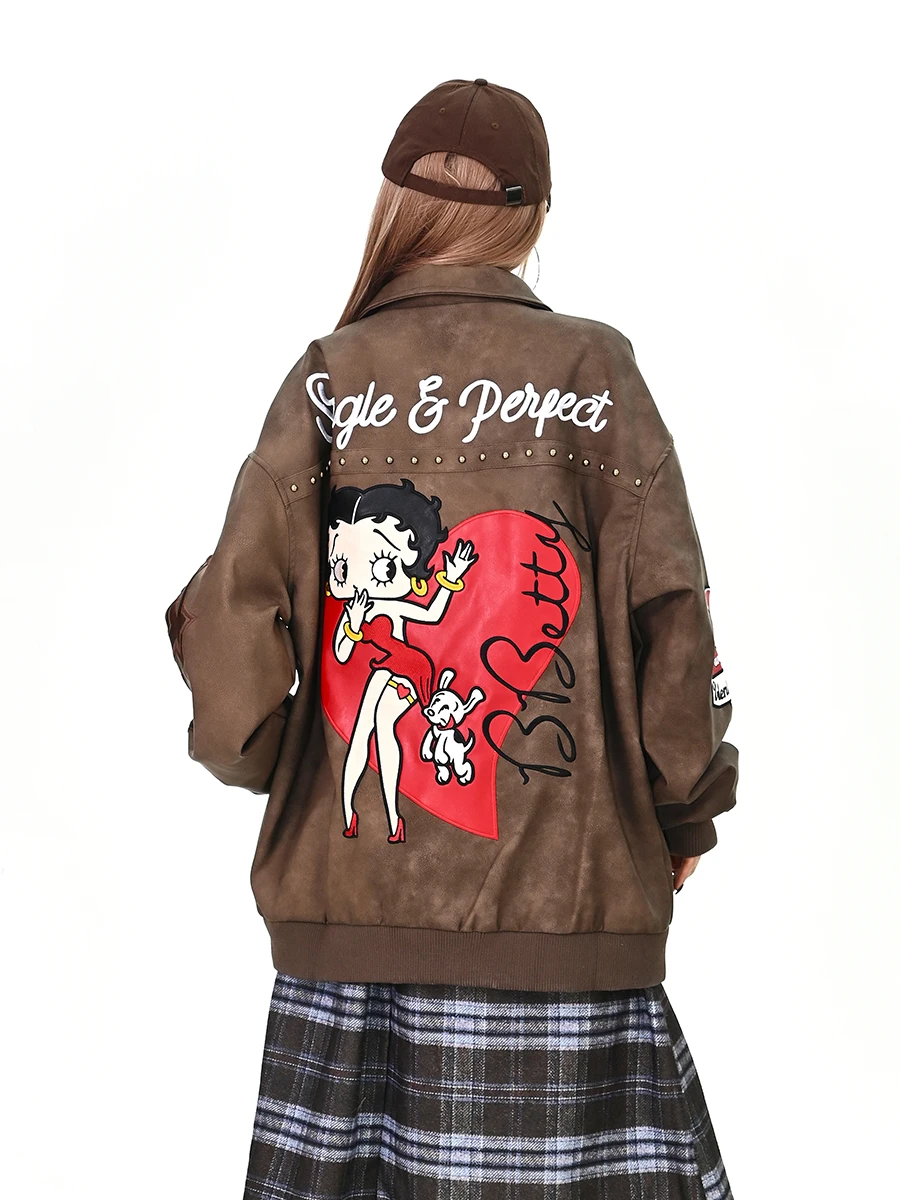 Giacca in Pelle con Frange per Donna, Stile Americano College, Primavera 2026, Streetwear Trendy Femminile