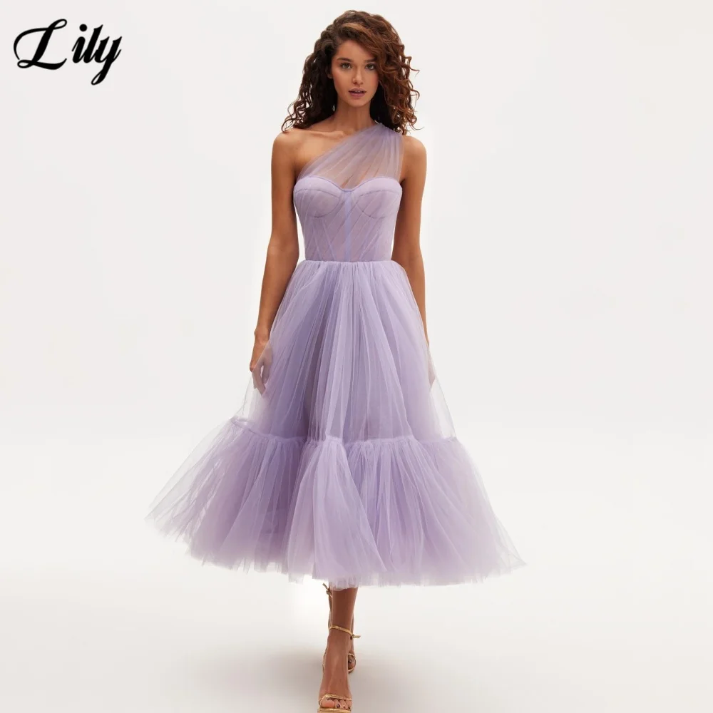 

Lily Light Purple Elegant Prom Dress Tiered Tulle Short Ball Gown One Shoulder Corset Hollow Prom Gown with Fishbone Customized