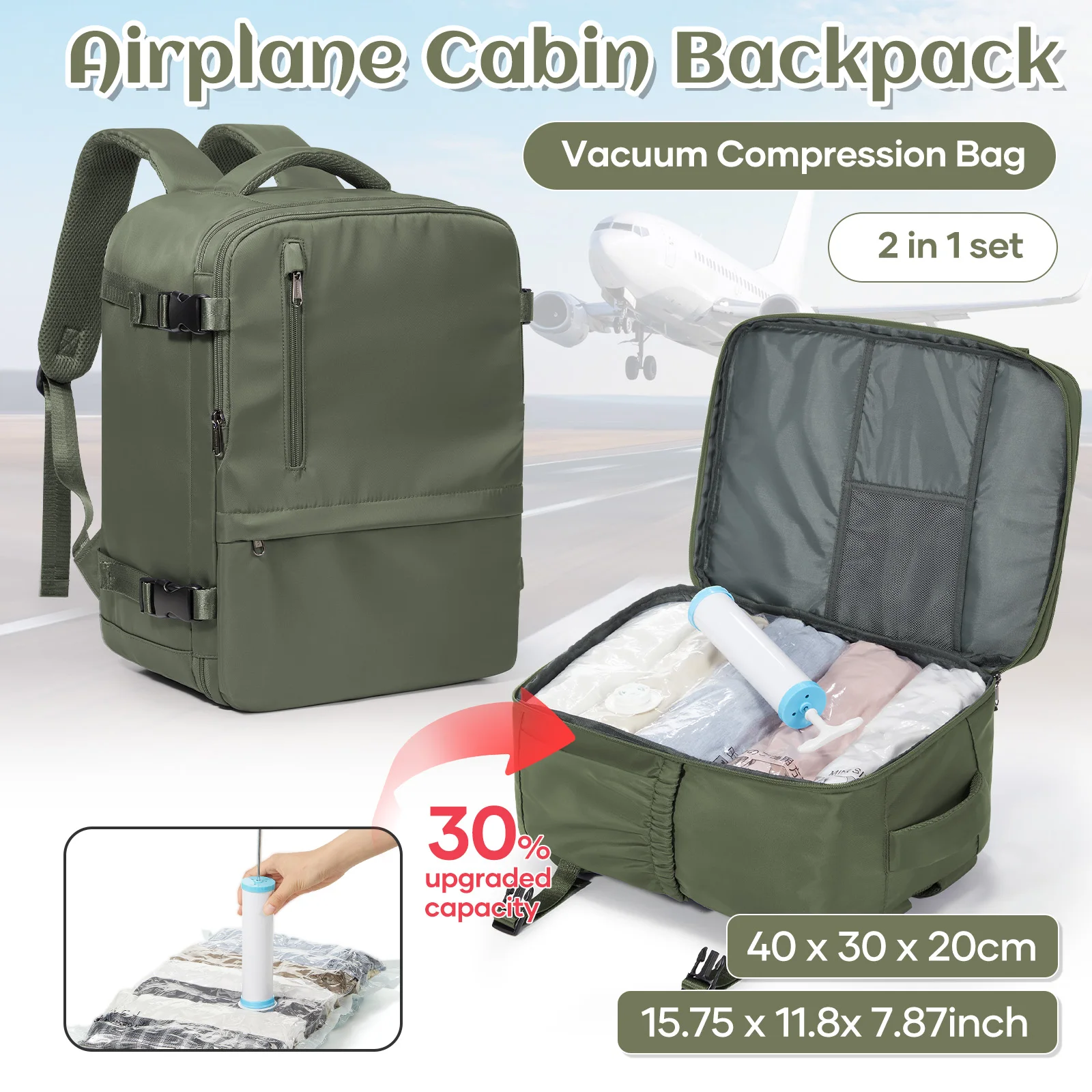 حقيبة ظهر Ryanair مقاس 40 × 30 × 20 حقيبة سفر على شكل طائرة للرجال والنساء، حقيبة ظهر للكمبيوتر المحمول مقاس 15.6 بوصة حقيبة مفرغة للسفر مع مضخة #1