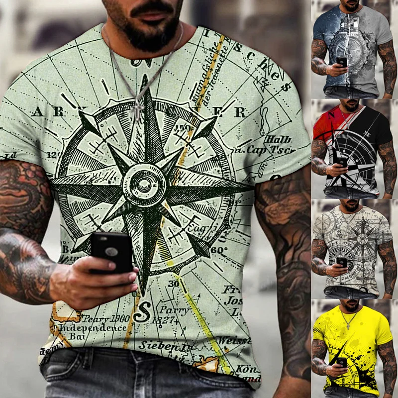 

2023 Summer Men's T-Shirt European and American Vintage Elements Compass Compass 3D Print O-Neck Breathable Fashion T-shirts