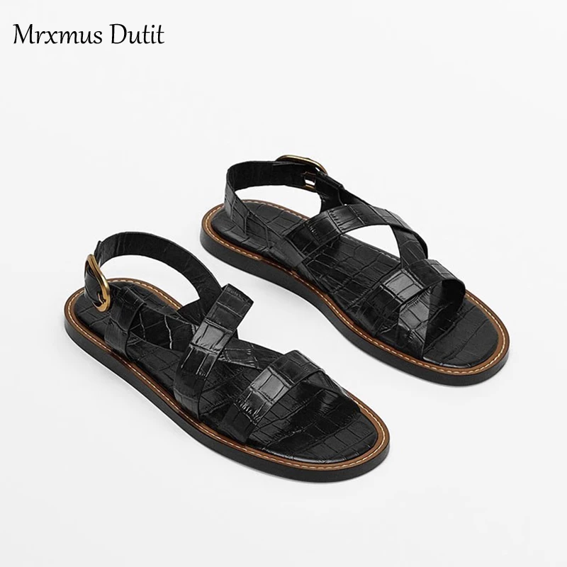 Mrxmus Dutit 2023 Spring Summer Fashion New Women Genuine Leather Round Head Flat Roman Sandals Simple Casual Shoes Female Chic