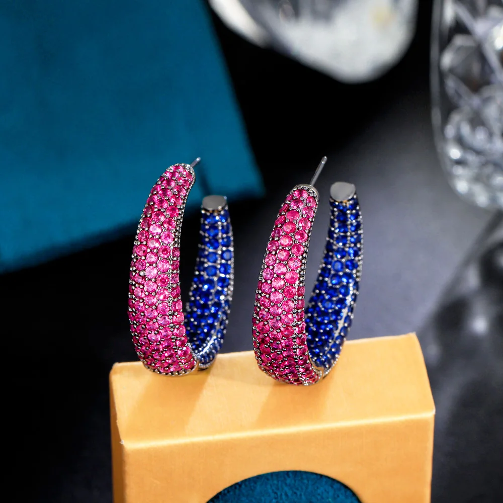 CWWZircons Luxury Red Blue Cubic Zirconia Pave Big Round Circle Hoop Earring Engagement Party Jewelry Gift for Women CZ807