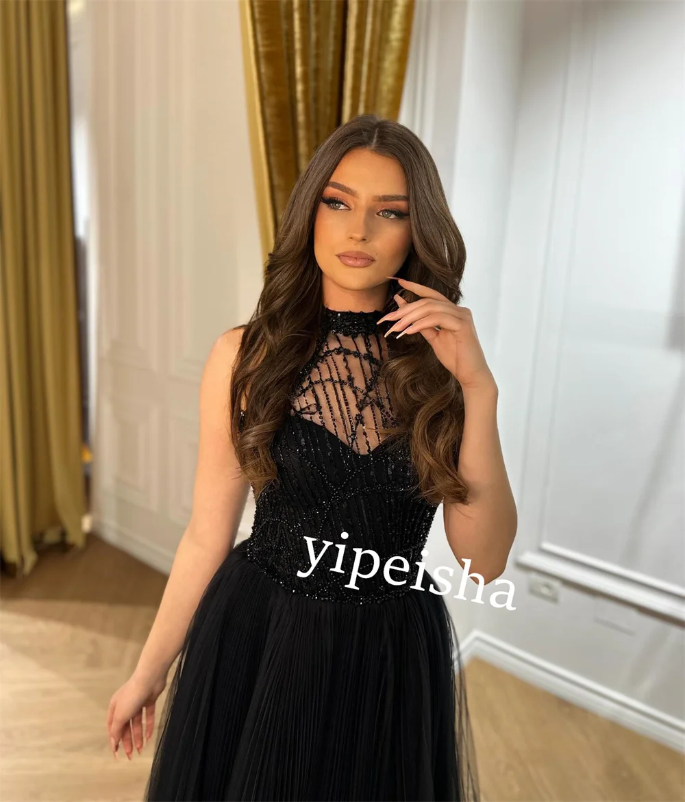 Gaun acara Midi kerah Halter lurus Homecoming berpayet Tulle