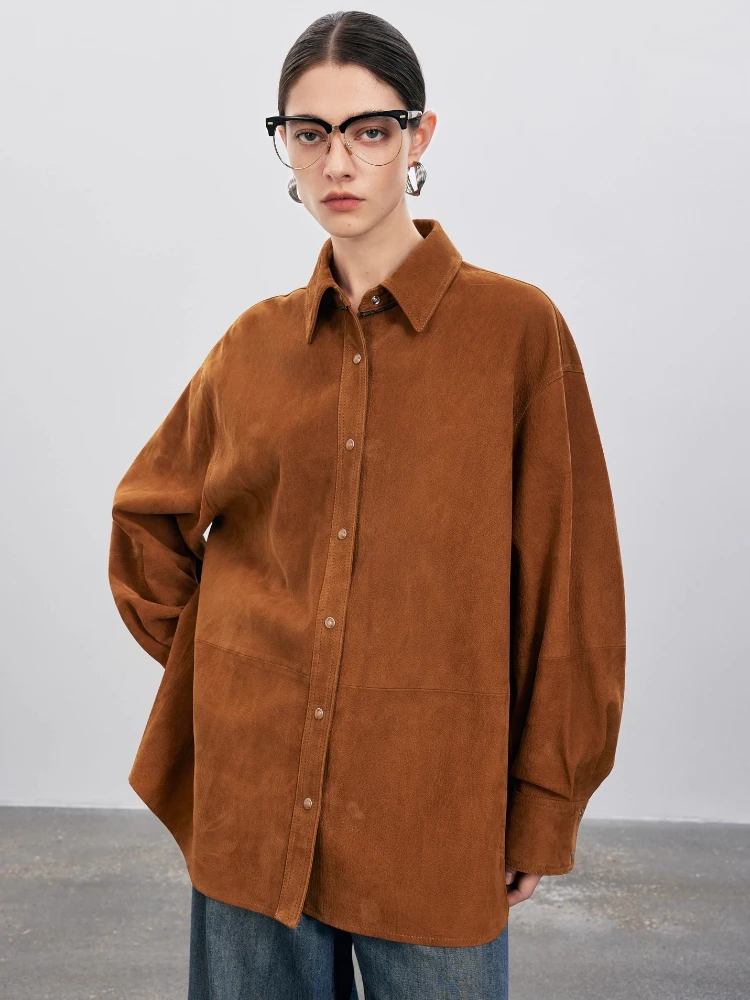 

Casual Genuine Leather Shirt Jackets for Women Spring Autumn 2026 High-end Simple Loose Deer Textured Real Goatskin Suede Coat