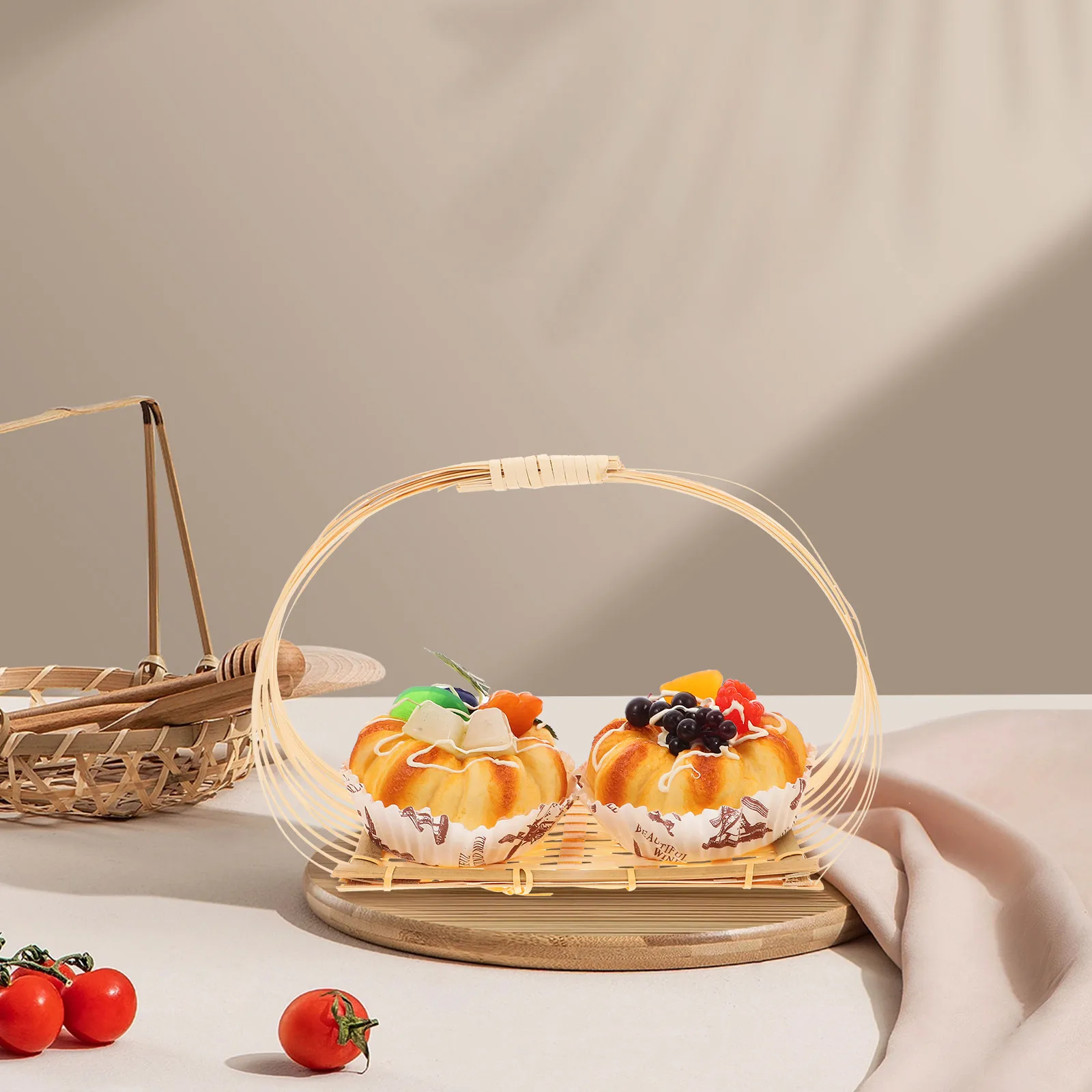 

Bamboo Basket Fruit Storage Foldable Flat Woven with Handle Weaving Serving Garden Harvest Baby Bread Baskets Mini Candy