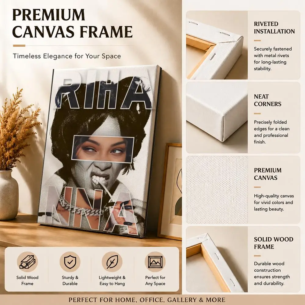 R&B Pop Singer R-Rihanna Framed Wall Painting Canvas Art Poster with Solid Wood Frame for Living Room Home Decor