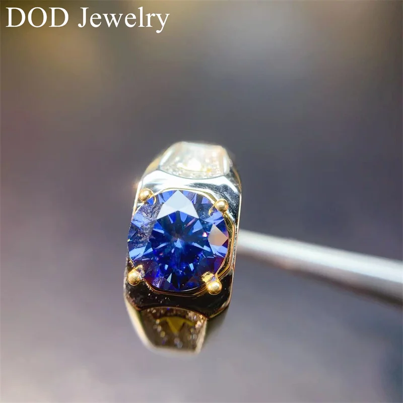 2CT Royal Blue Color Moissanite Diamond Ring for Men 925 Sterling Silver Moissanite Gemstone Wedding Ring Wholesale Gift