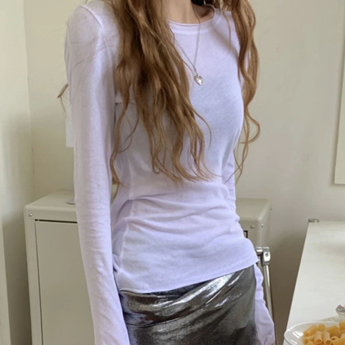 Women's Solid Long Sleeves T-shirt Rolled Hem Slim Fit Casual Sunscreen Pullover Top Female Spring Autumn Mesh Blouse Basic Tees