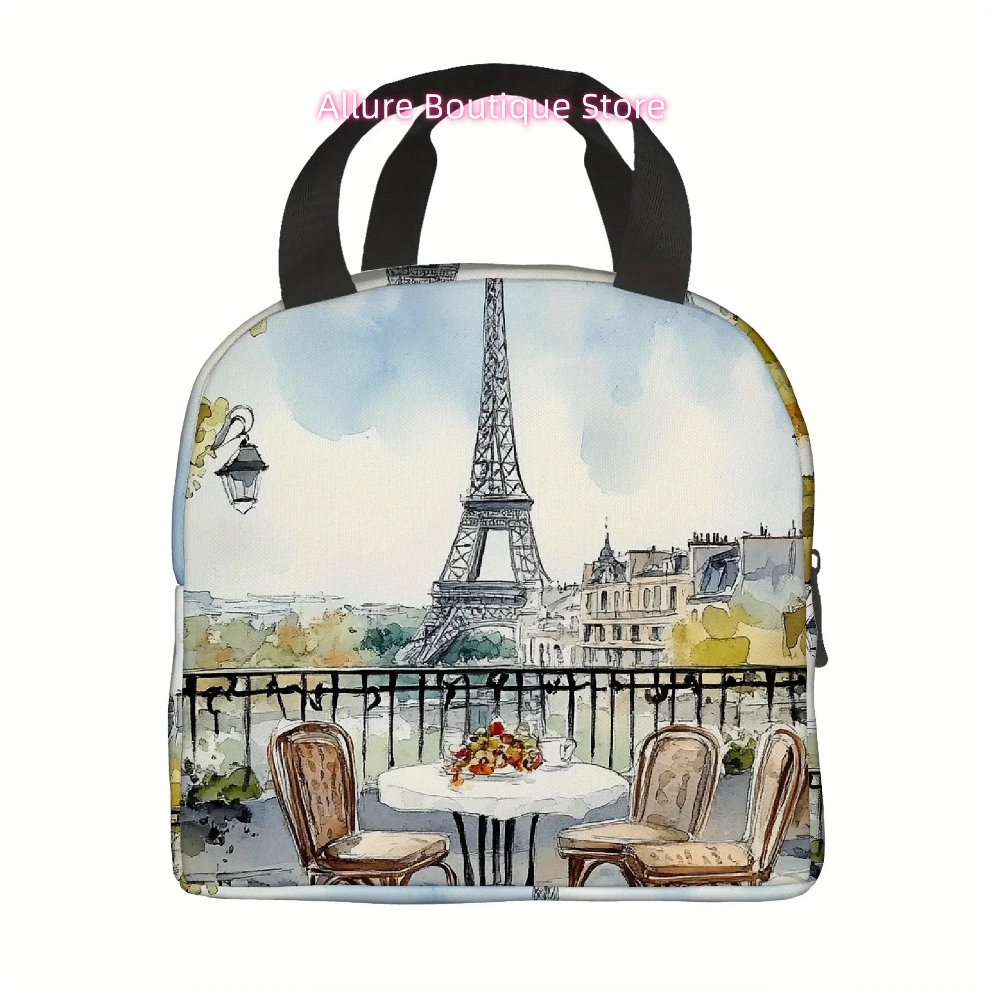 1pc Parisian Café with Eiffel Tower View Printed Thermal Insulated Bag – Reusable, Portable & Refrigerated for Home, Restaurant,