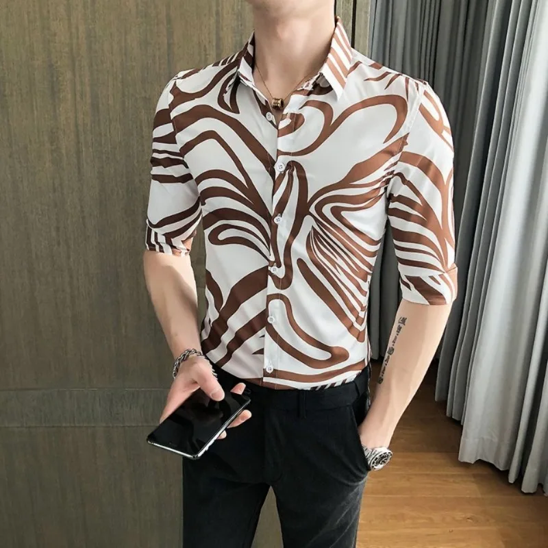 

Men's Summer Floral Print Short Sleeve Shirt Korean Style Slim Fit Casual Button Down Shirt Trendy Streetwear
