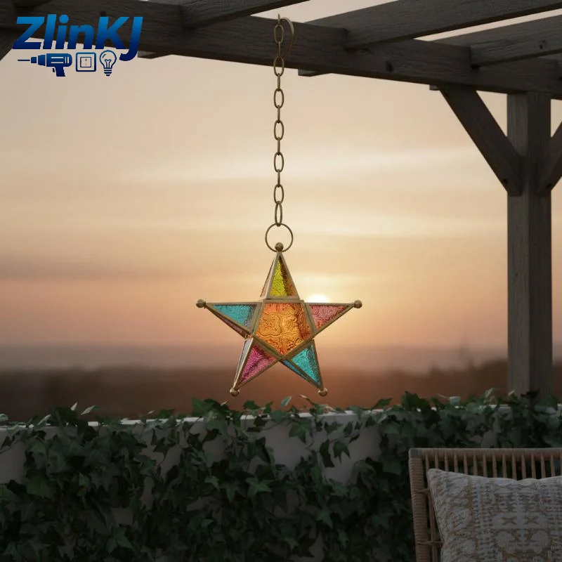 1PCS Moroccan Star Iron Hanging Lantern Colored Glass Tealight Holder for Patio Farmhouse Outdoor Indoor Home Decor