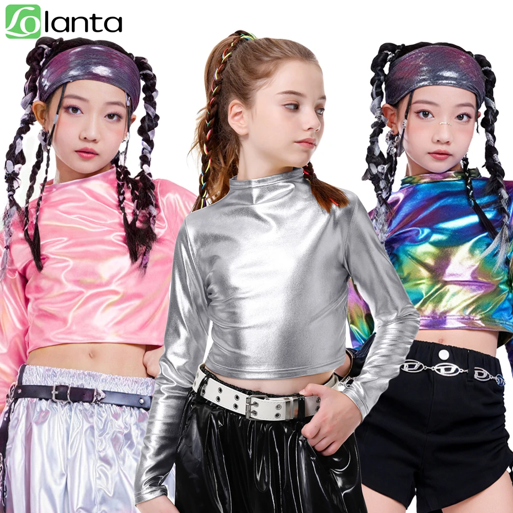 LOlanta Metallic Dance Tops for Girls Long Sleeve Cropped Top Shiny Hip Hop Party Holographic Shirt Dancewear 6-14Years