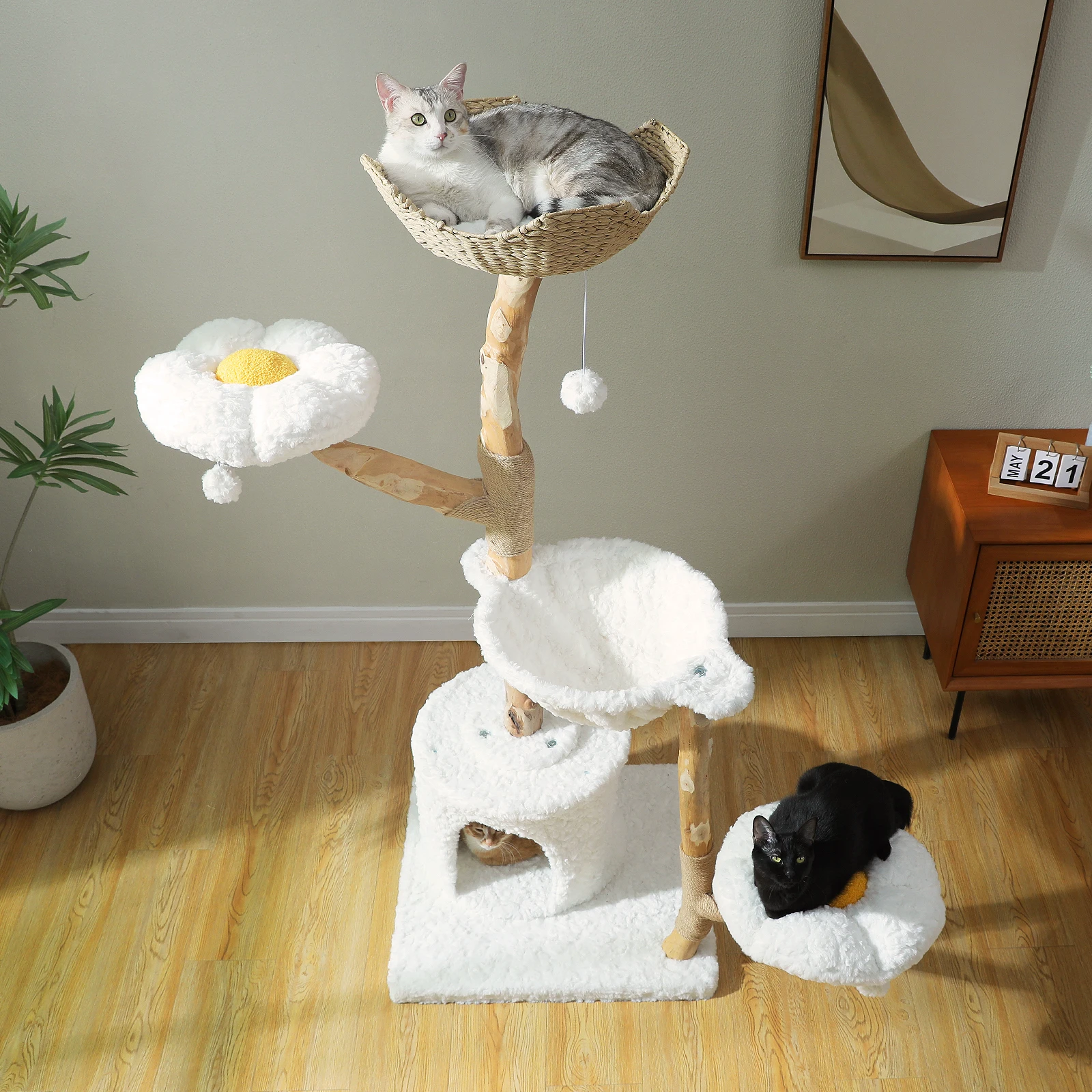 

59-дюймовая современная когтеточка-башня для кошек с просторным домиком, круглым уютным гамаком, 2-мя цветочными лежанками, двойным комфортом, идеально подходит для домашних кошек