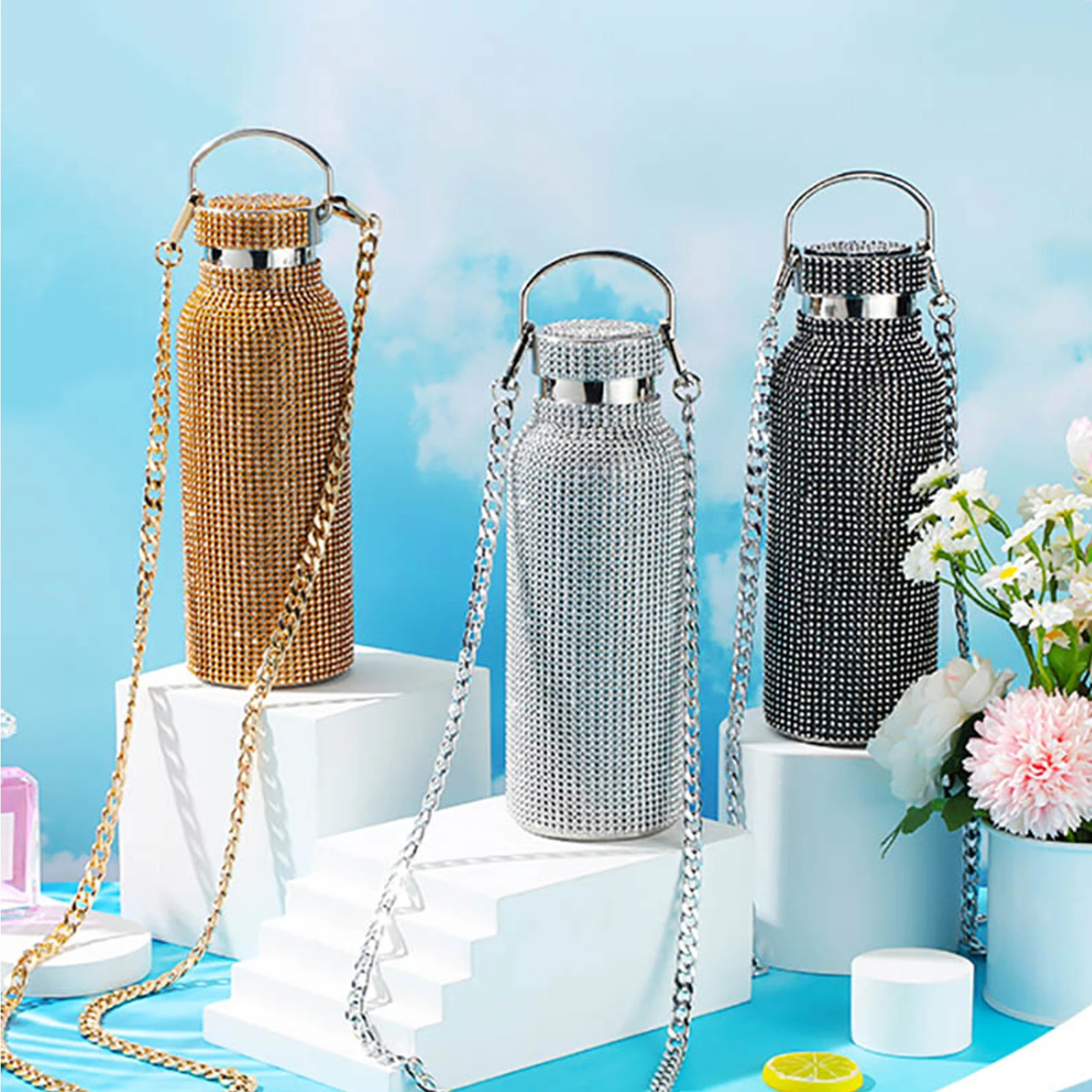 500/750Ml Diamond Thermos Bottle with Chain Flask Luxurious Vacuum Cup Reusable Stainless Steel Glitter Sport Kettle Women Gift