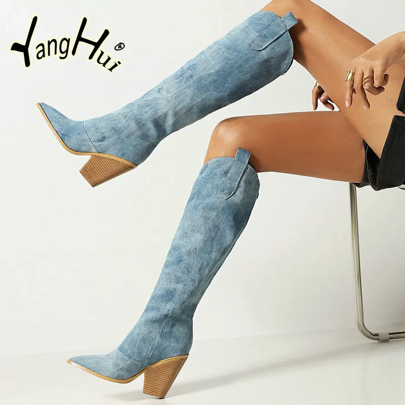 2023 Denim Modern Boots Knee-high European Style Irregular Pointed Toed Super High Heel Women's Pumps Fashion Autumn Winter