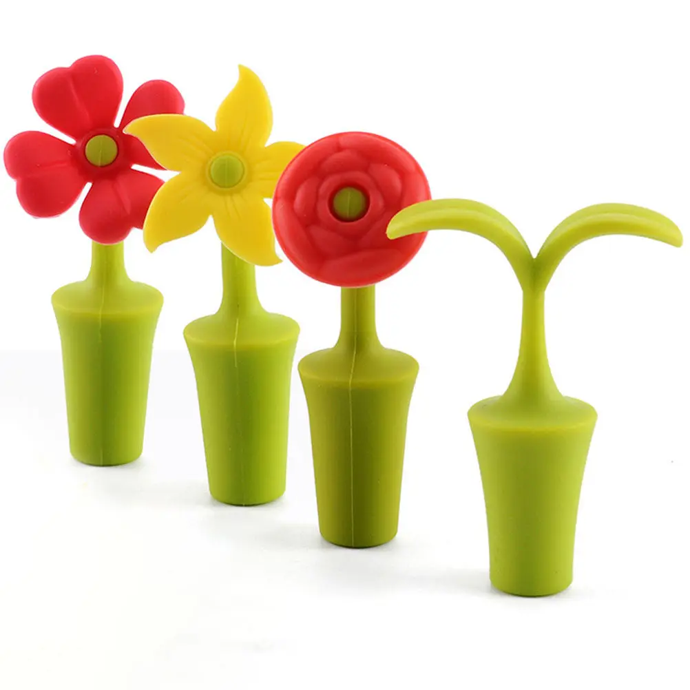 

4Pcs Red Wine Bottle Stoppers Creative Flower Silicone Sealed Caps for Party Beverage Decoration Flower Bottle Stopper