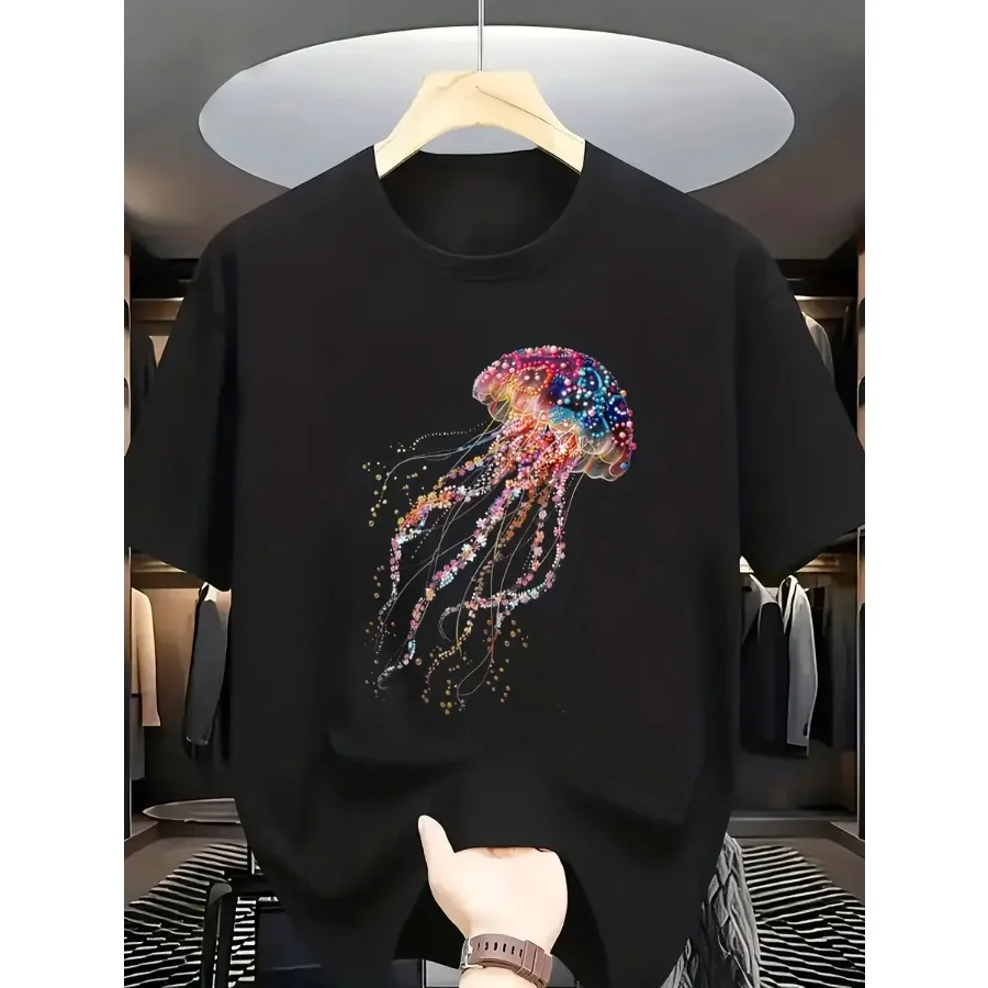 Marine life pattern jellyfish printed T-shirt - Short-sleeved round-neck summer top, casual marine life theme design