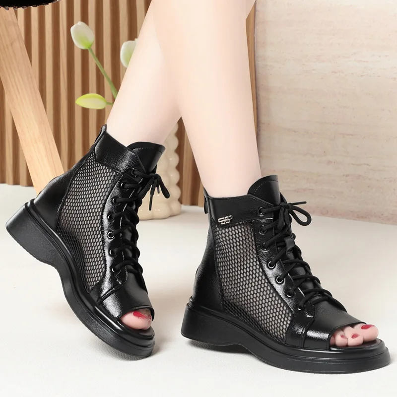

CICIYANG Women's Summer Mesh Boots 2026 New Plus Size Fish Mouth Fashion Short Boots Female Genuine Leather Flats Sandals