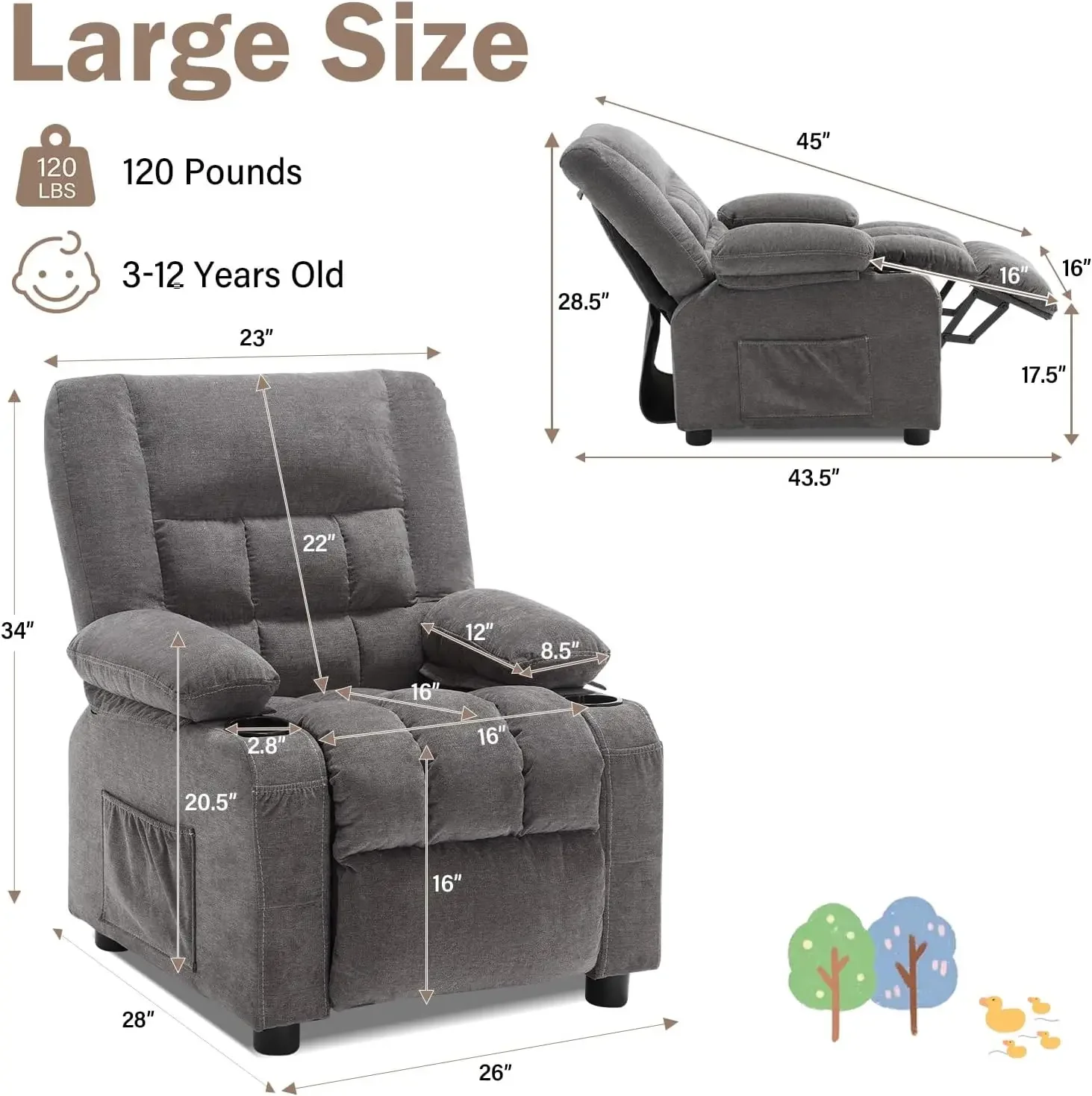 Push Back Toddler Recliner with Cup Holders & Side Pockets， Adjustable Footrest & Headrest Kids Sofa for Boys Girls 3+ Age Group