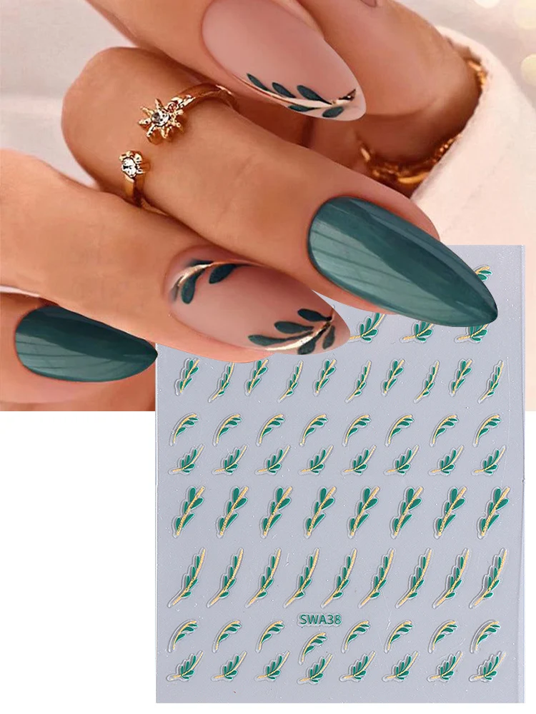 3 stuks groene bladeren nagelstickers eenvoudige glitter gouden lijn ontwerp zelfklevende sliders elegante charme curve tape decor manicure folis - afbeelding 2