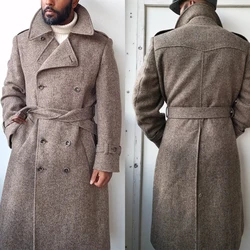 Men Long Coat Overcoat Herringbone Brown Gentlemen With Belt Double Breasted Warm Woolen Blend Business Causal Daily Tailored