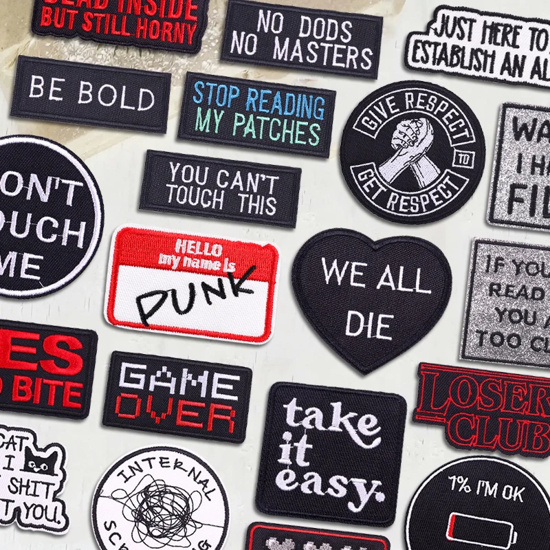 Schwarz-weiße Punk-Rock-Hippie-Buchstaben-Aufnäher zum Aufbügeln, Aufnäher für Kleidung, thermoadhäsive Aufnäher zum Nähen von Kleidung