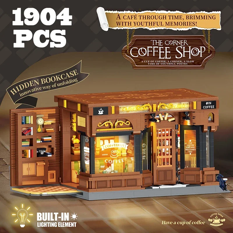 1904 個アメリカンコーヒーショップビルディングブロックキット MOC モジュラーストリートシーンアーキテクチャレンガ家の装飾のおもちゃ子供のためのギフト